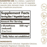 Tabla nutricional del suplemento Solgar L-Glutatión Reducido 250 mg 30 cápsulas