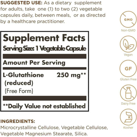 Tabla nutricional del suplemento Solgar L-Glutatión Reducido 250 mg 30 cápsulas