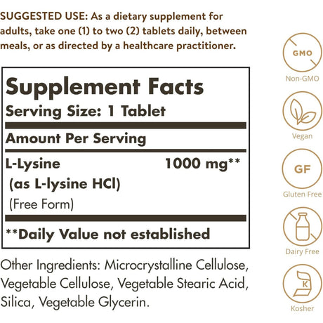 Información del suplemento Solgar L-lisina 1000 mg, 100 tabletas