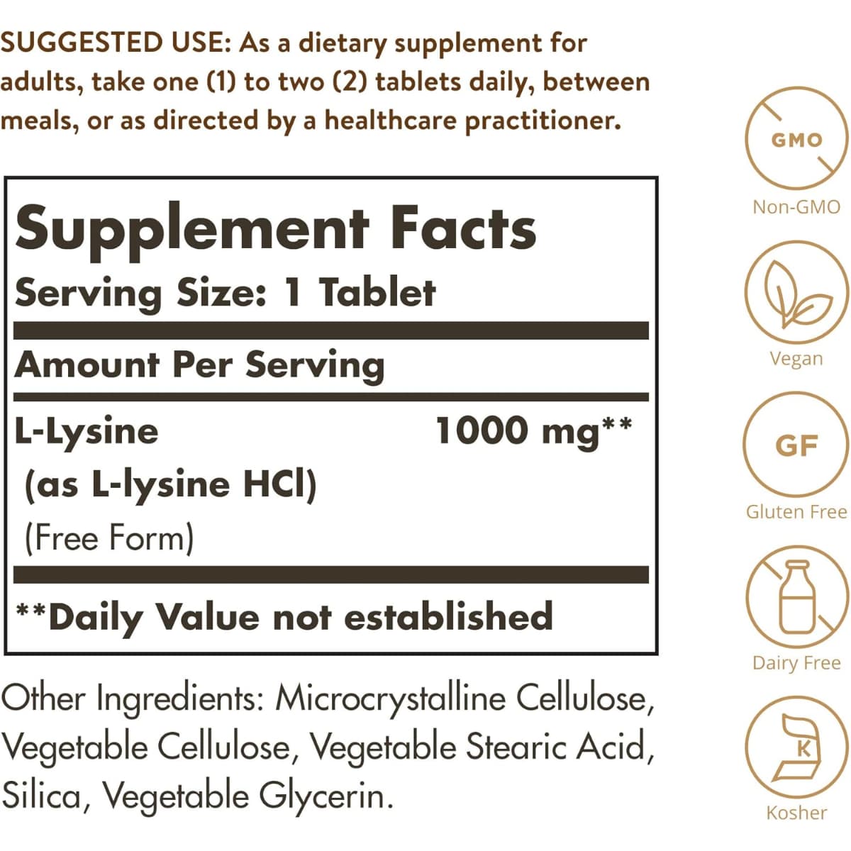 Panel de información del suplemento Solgar L-lisina 1000 mg, 250 tabletas