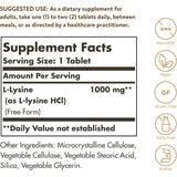 Panel de información del suplemento Solgar L-lisina 1000 mg, 250 tabletas