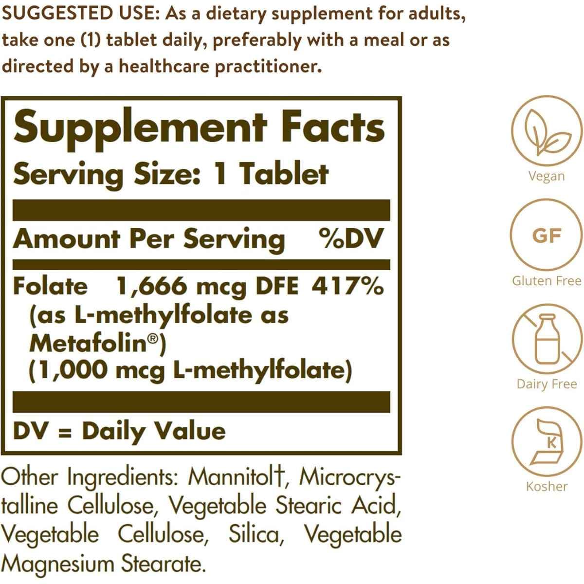Tabla nutricional del suplemento Solgar L-metilfolato 120 tabletas