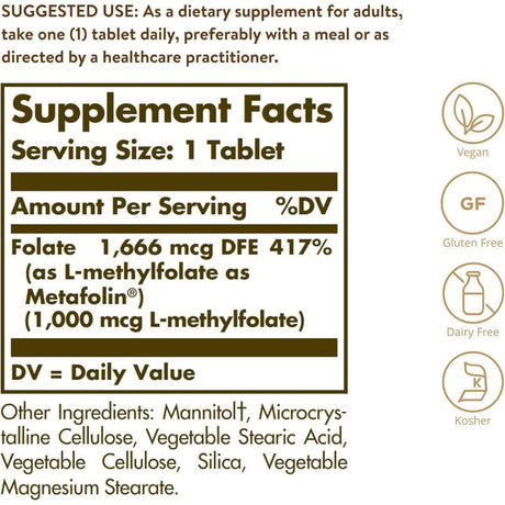 Tabla nutricional del suplemento Solgar L-metilfolato 120 tabletas