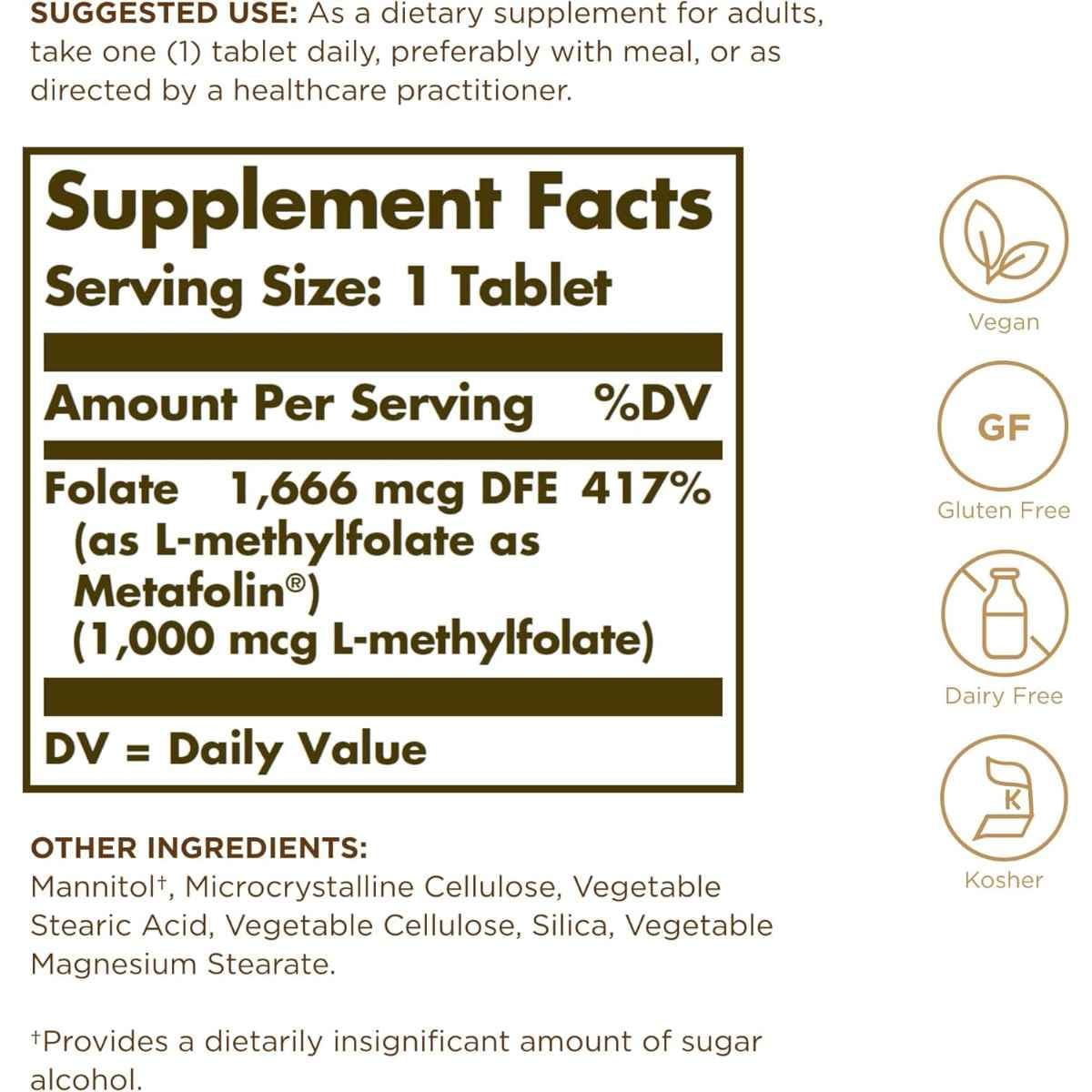 Tabla nutricional del suplemento Solgar L-metilfolato 60 tabletas