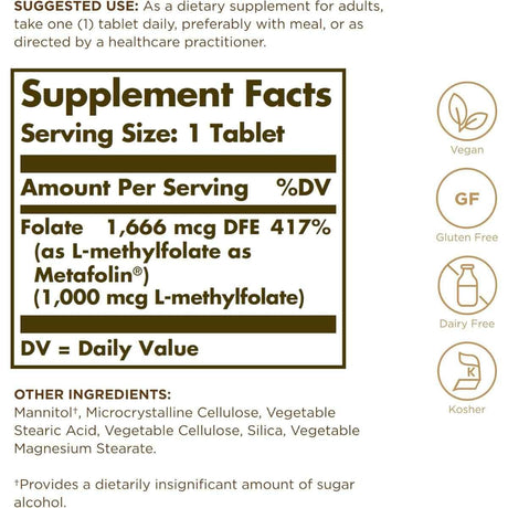 Tabla nutricional del suplemento Solgar L-metilfolato 60 tabletas