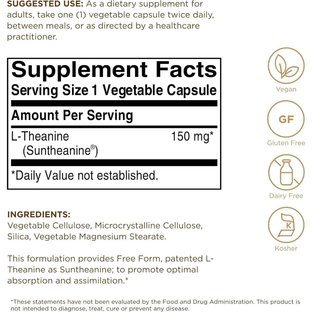 Solgar L-Teanina 150 mg con información de ingredientes y modo de uso