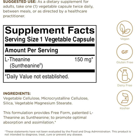 Solgar L-Teanina 150 mg con información de ingredientes y modo de uso