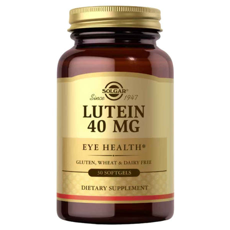 Frasco de suplemento Solgar Luteína 40 mg 30 cápsulas blandas.