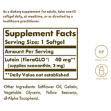 Tabla nutricional del suplemento Solgar Luteína 40 mg 30 cápsulas blandas.