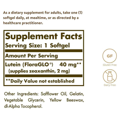 Tabla nutricional del suplemento Solgar Luteína 40 mg 30 cápsulas blandas.