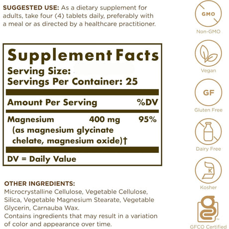 Tabla nutricional del suplemento Solgar Magnesio Quelado 100 tabletas