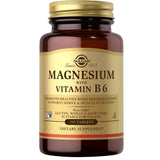 Frasco frontal de Solgar magnesio con vitamina B6, presentación de 100 tabletas.