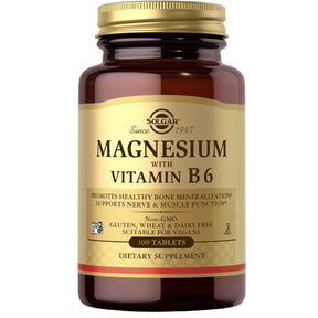 Frasco frontal de Solgar magnesio con vitamina B6, presentación de 100 tabletas.