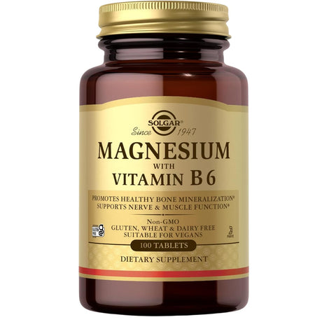 Frasco frontal de Solgar magnesio con vitamina B6, presentación de 100 tabletas.