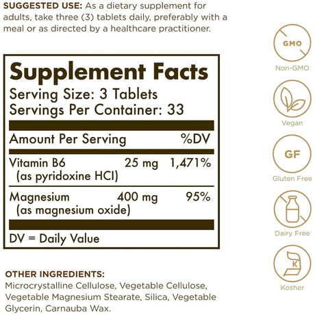 Información del suplemento Solgar magnesio con vitamina B6 para la presentación de 100 tabletas.