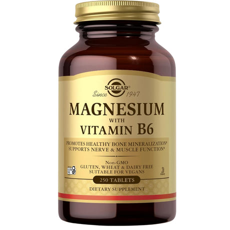 Frasco frontal de Solgar magnesio con vitamina B6, presentación de 250 tabletas.