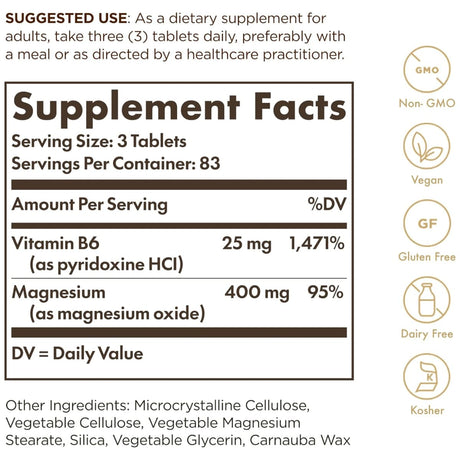 Información del suplemento Solgar magnesio con vitamina B6 para la presentación de 250 tabletas.