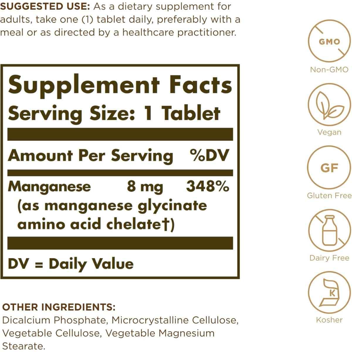 Tabla nutricional del suplemento Solgar Manganeso Quelado 8 mg 100 tabletas