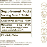 Tabla nutricional del suplemento Solgar Manganeso Quelado 8 mg 100 tabletas