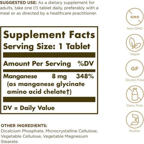 Tabla nutricional del suplemento Solgar Manganeso Quelado 8 mg 100 tabletas