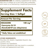 Tabla nutricional del suplemento Solgar MEGASORB Coenzima Q-10 100 mg 30 cápsulas blandas