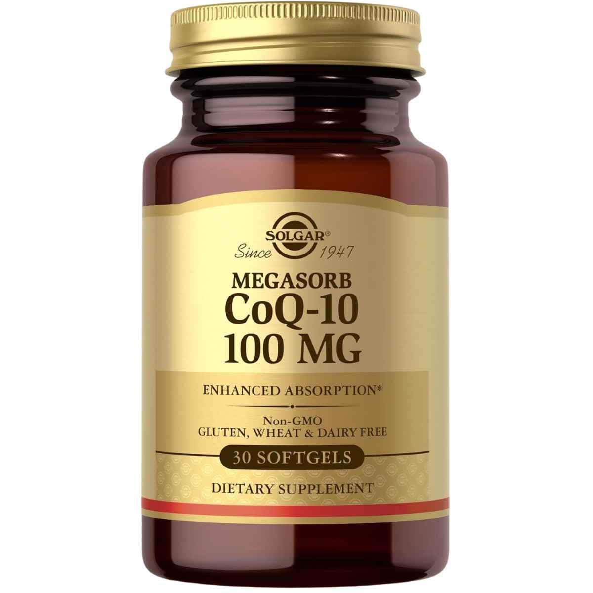 Frasco de suplemento Solgar MEGASORB Coenzima Q-10 100 mg 30 cápsulas blandas