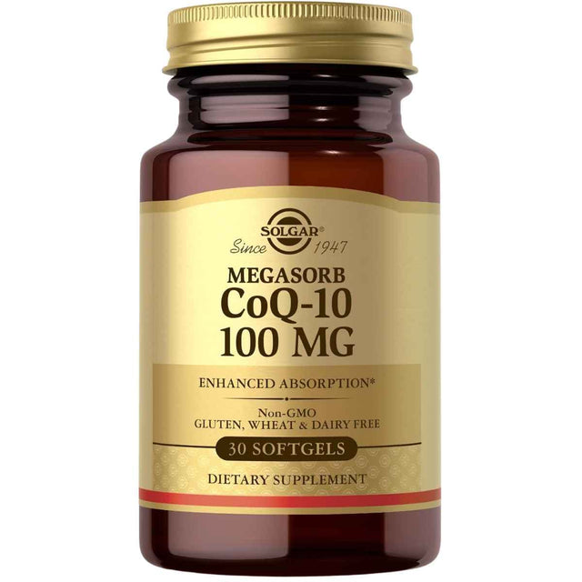 Frasco de suplemento Solgar MEGASORB Coenzima Q-10 100 mg 30 cápsulas blandas