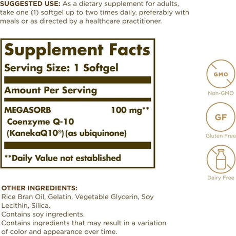 Tabla nutricional del suplemento Solgar MEGASORB Coenzima Q-10 100 mg 60 cápsulas blandas