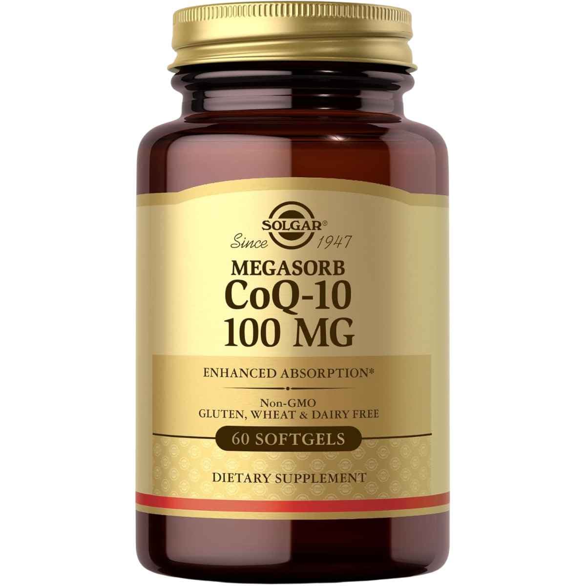 Frasco de suplemento Solgar MEGASORB Coenzima Q-10 100 mg 60 cápsulas blandas