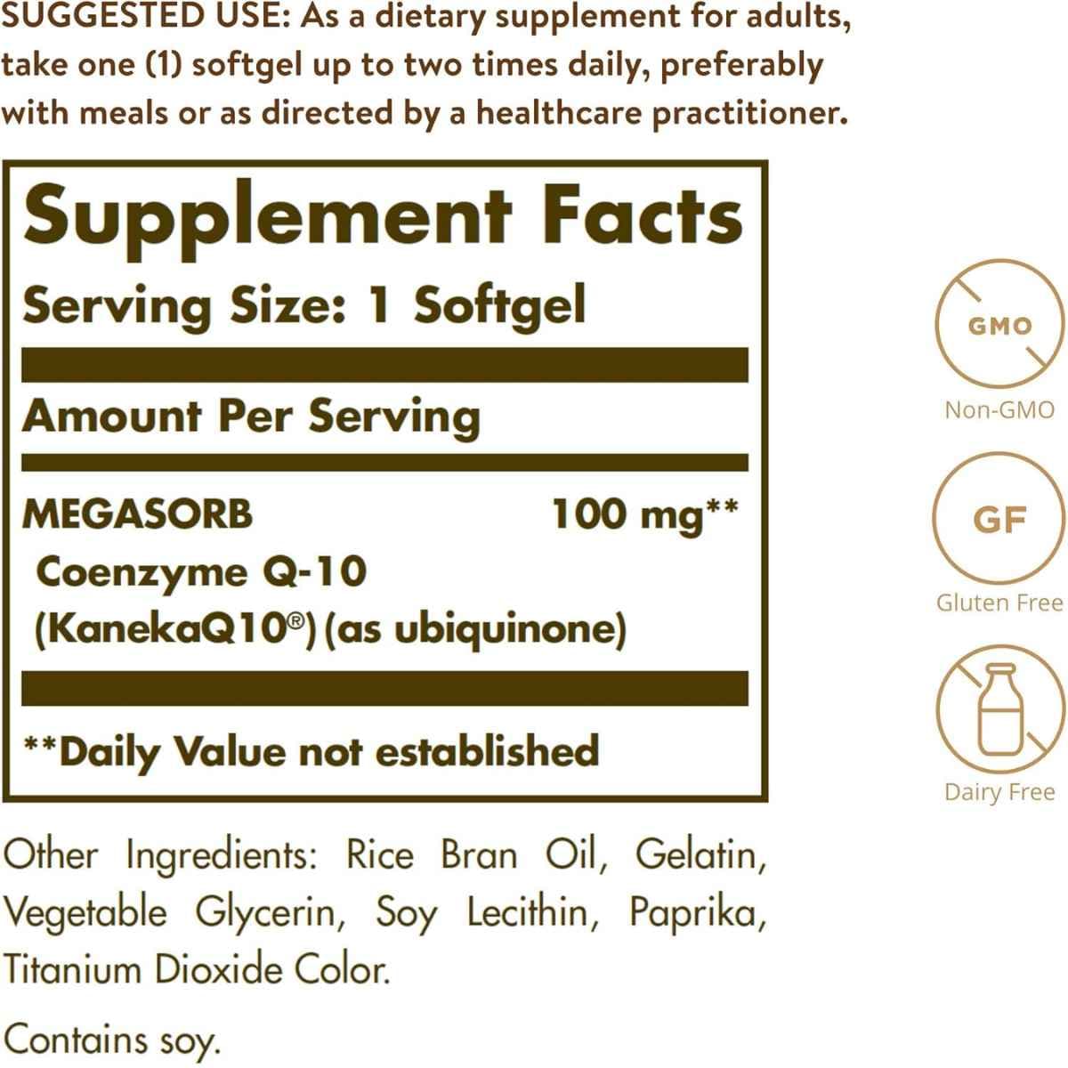 Tabla nutricional del suplemento Solgar MEGASORB Coenzima Q-10 100 mg 90 cápsulas blandas