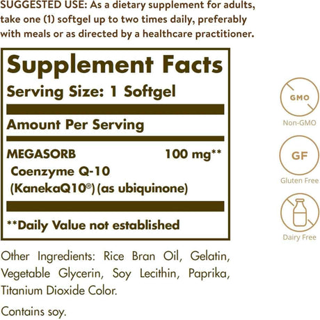 Tabla nutricional del suplemento Solgar MEGASORB Coenzima Q-10 100 mg 90 cápsulas blandas