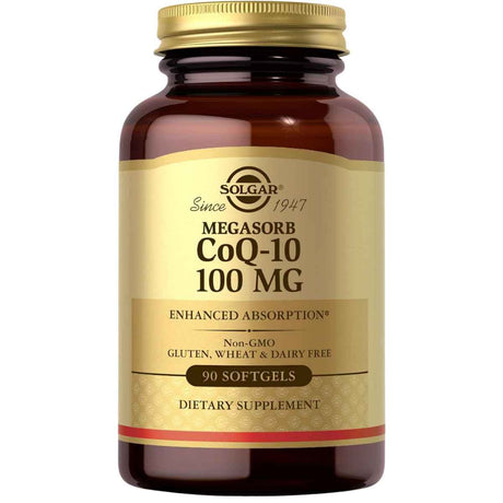 Frasco de suplemento Solgar MEGASORB Coenzima Q-10 100 mg 90 cápsulas blandas