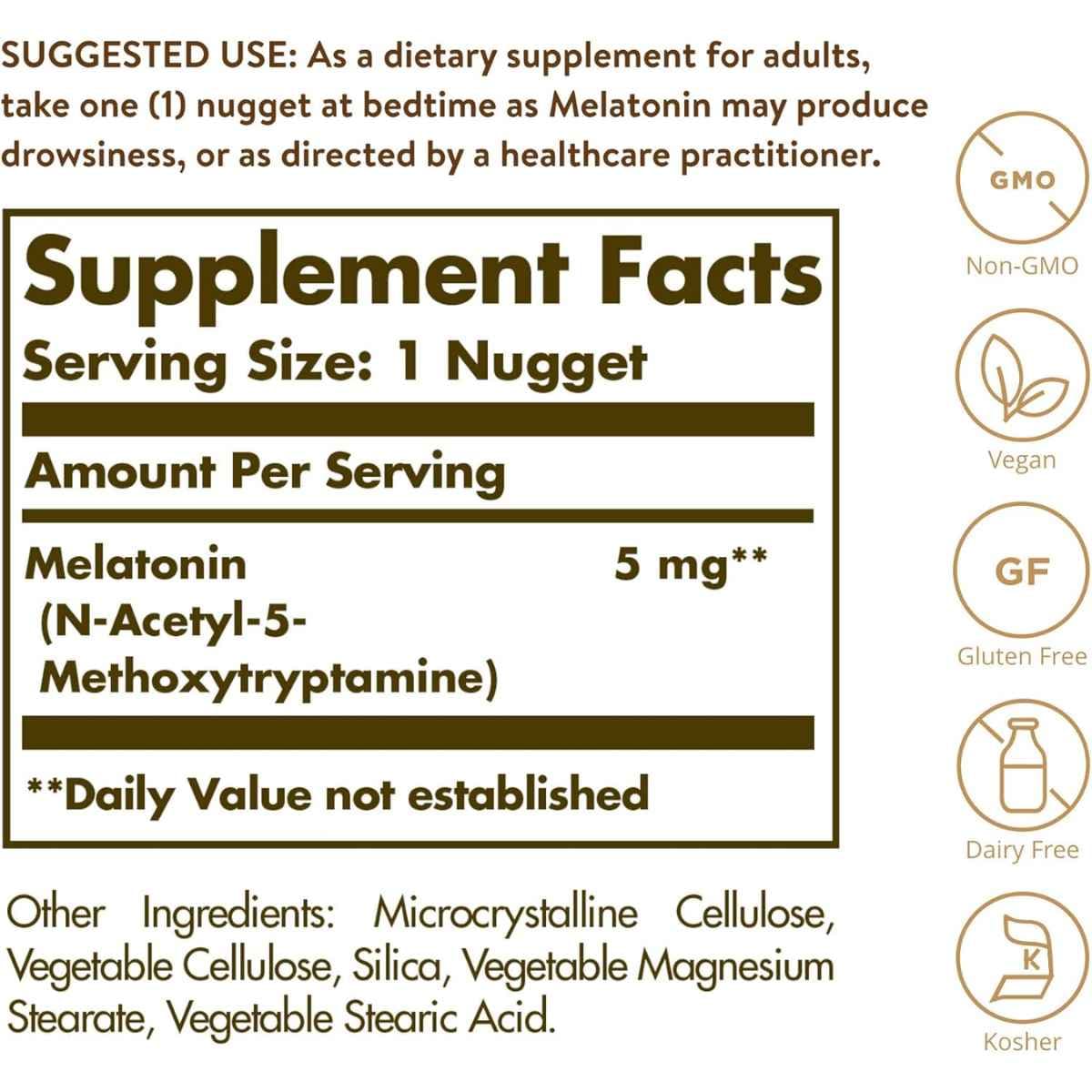 Tabla nutricional del suplemento Solgar Melatonina 5 mg 120 tabletas