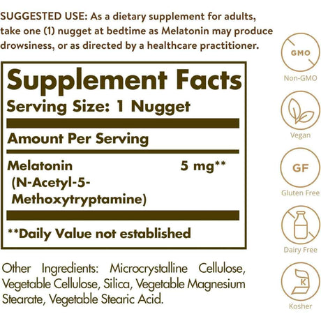 Tabla nutricional del suplemento Solgar Melatonina 5 mg 120 tabletas