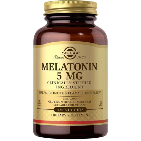 Frasco de suplemento Solgar Melatonina 5 mg 120 tabletas