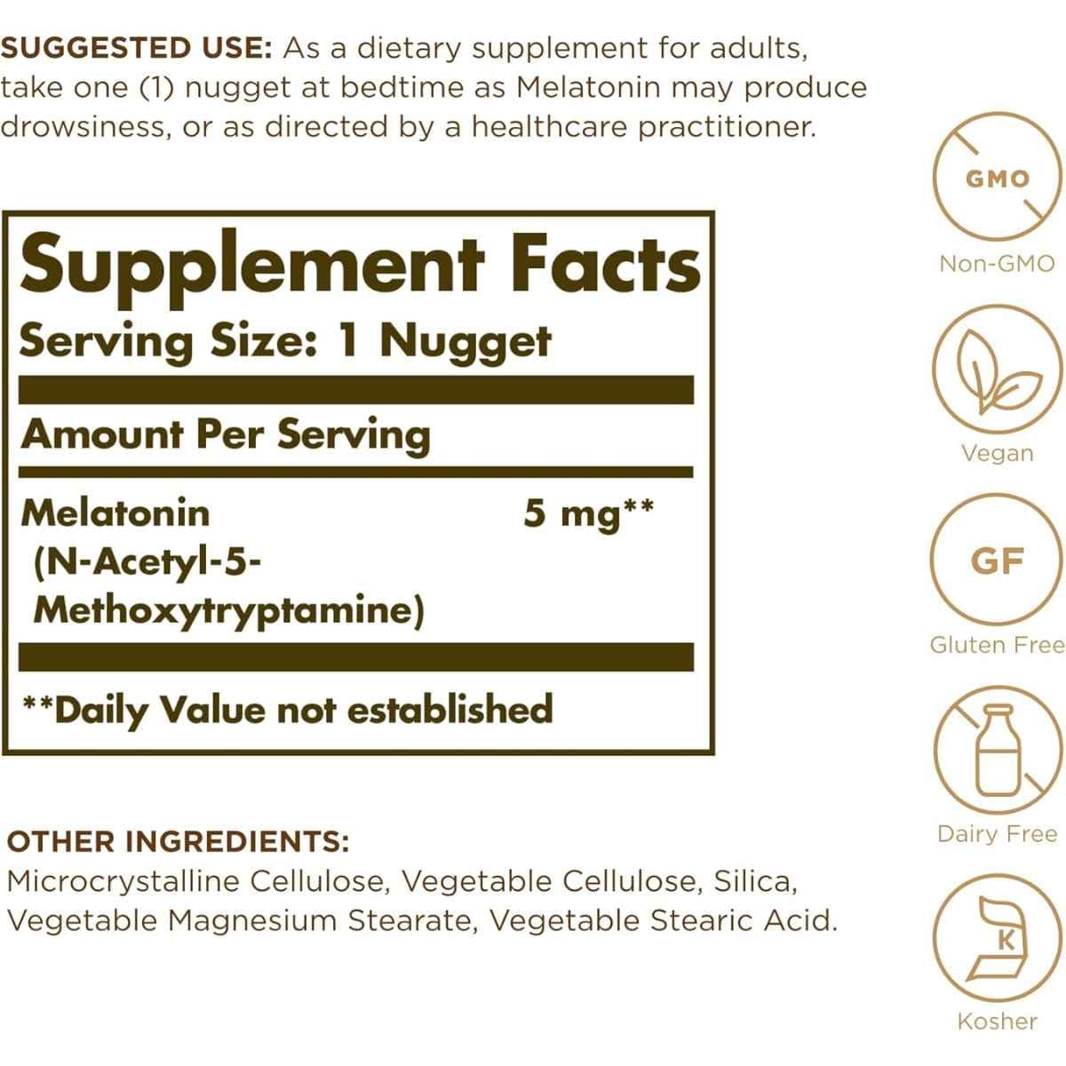 Tabla nutricional del suplemento Solgar Melatonina 5 mg 60 tabletas
