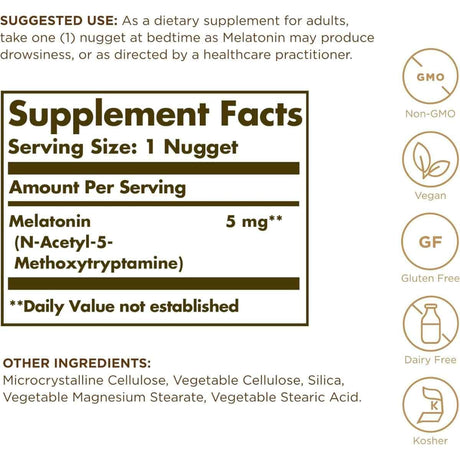 Tabla nutricional del suplemento Solgar Melatonina 5 mg 60 tabletas