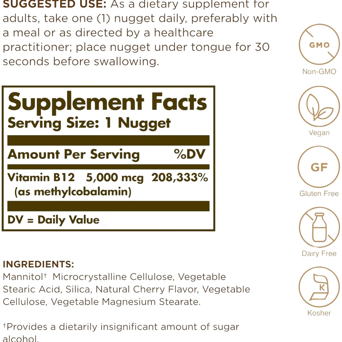 Tabla nutricional del suplemento Solgar Metilcobalamina Vitamina B12 5000 mcg 30 nuggets