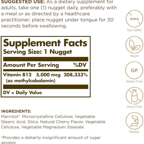 Tabla nutricional del suplemento Solgar Metilcobalamina Vitamina B12 5000 mcg 30 nuggets