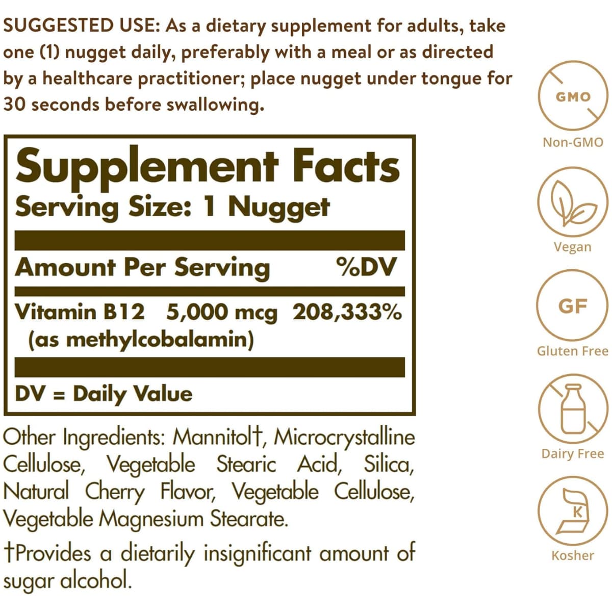 Tabla nutricional del suplemento Solgar Metilcobalamina Vitamina B12 5000 mcg 60 nuggets