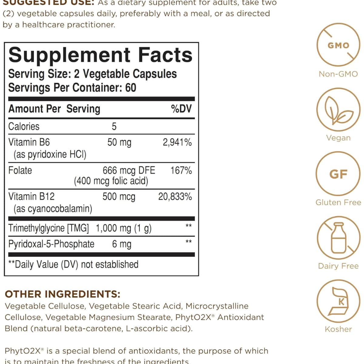 Tabla nutricional del suplemento Solgar Moduladores de Homocisteína 120 cápsulas vegetales