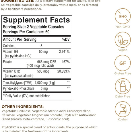 Tabla nutricional del suplemento Solgar Moduladores de Homocisteína 120 cápsulas vegetales