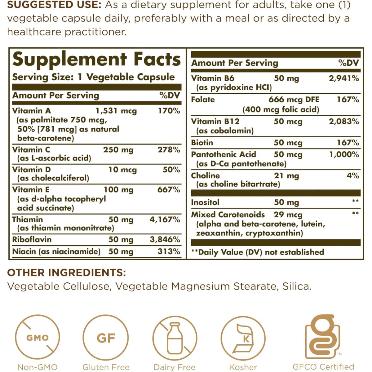 Tabla nutricional del suplemento Solgar Multivitamínico Diario 90 cápsulas vegetales