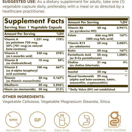 Tabla nutricional del suplemento Solgar Multivitamínico Diario 90 cápsulas vegetales