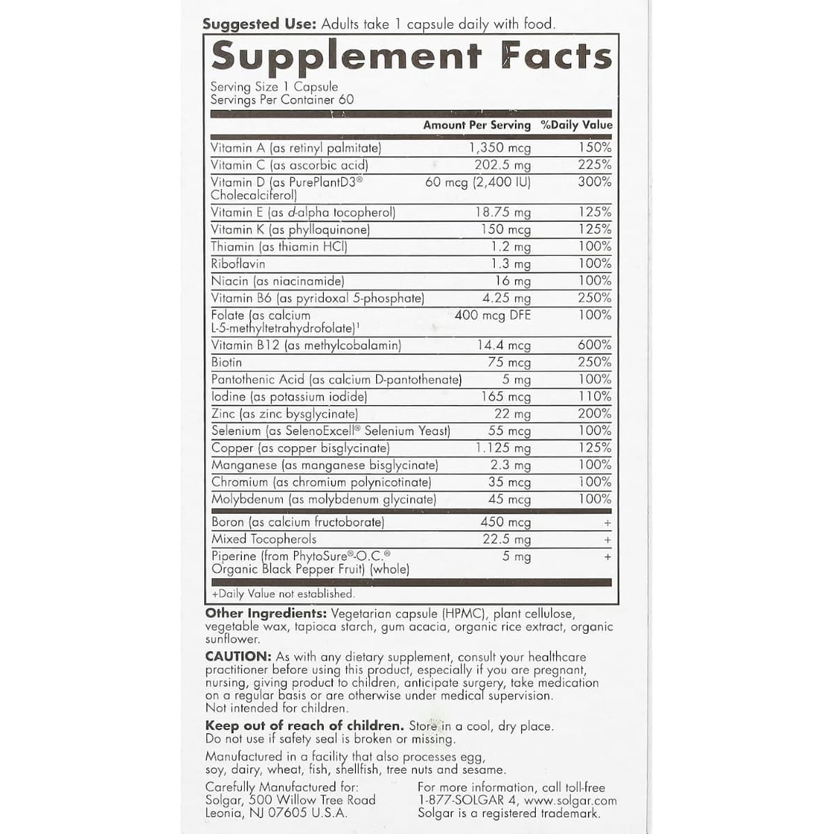 Tabla nutricional del suplemento Solgar Multivitamínico para Hombres 50+ 60 cápsulas
