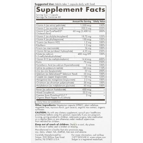 Tabla nutricional del suplemento Solgar Multivitamínico para Hombres 50+ 60 cápsulas