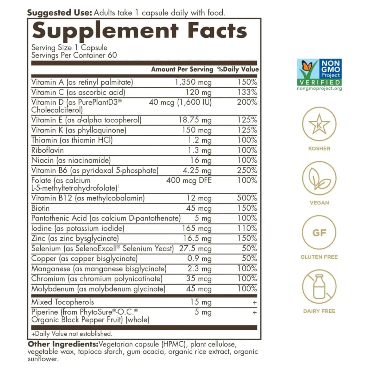 Etiqueta de Solgar Multivitamínico para Hombres con tabla del suplemento