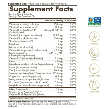 Etiqueta de Solgar Multivitamínico para Hombres con tabla del suplemento