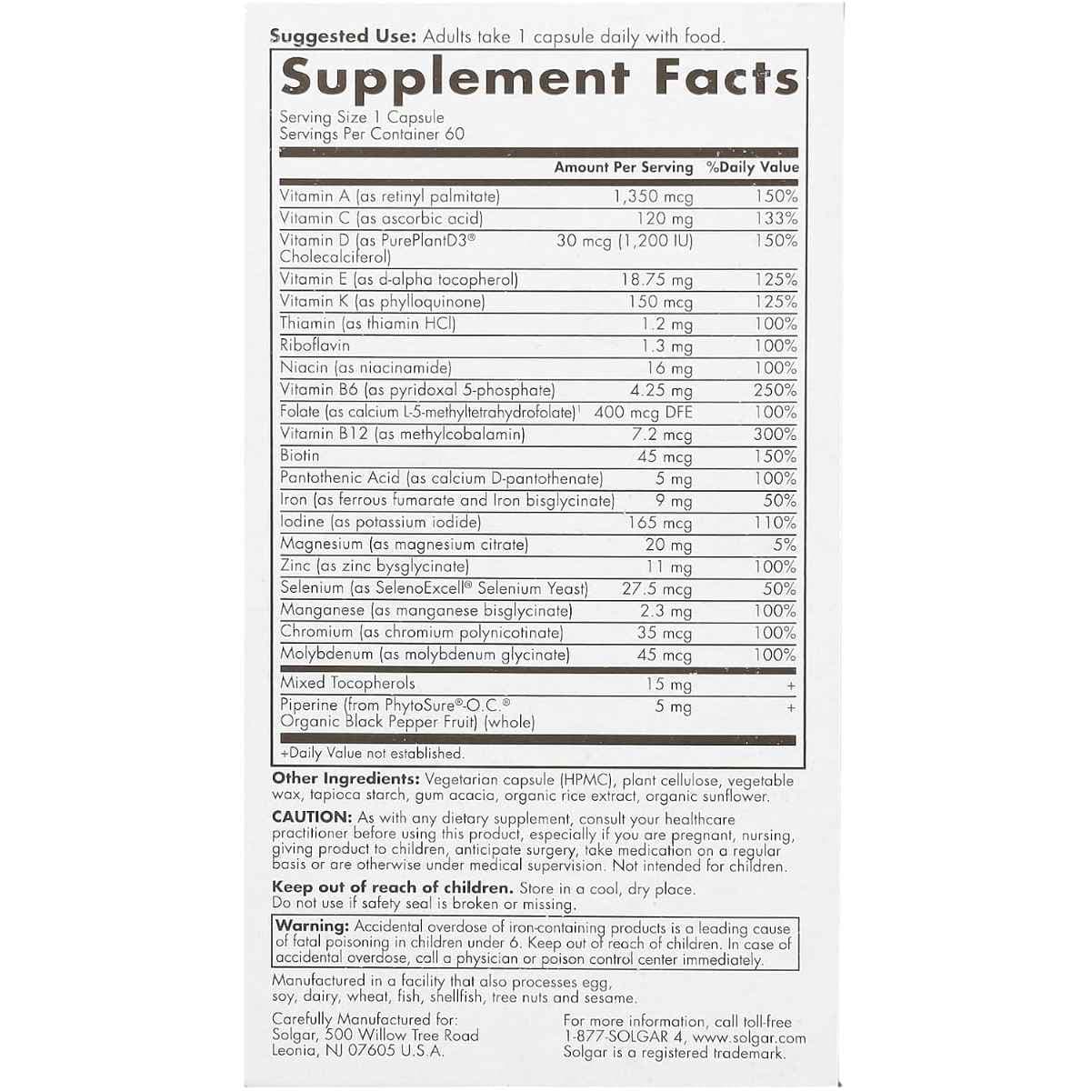 Tabla nutricional del suplemento Solgar Multivitamínico para Mujeres 1 Cápsula Diaria 60 cápsulas