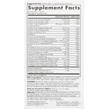 Tabla nutricional del suplemento Solgar Multivitamínico para Mujeres 1 Cápsula Diaria 60 cápsulas
